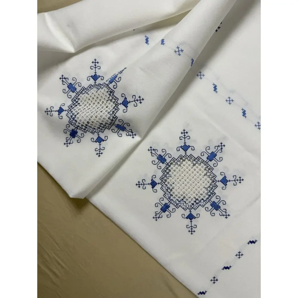 Antique Handmade Table Cloth Topper 40x40 Embroidery Cutwork Linen Blue on white